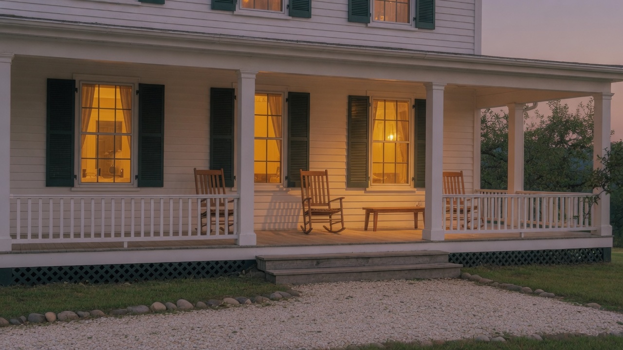 The porch at dusk, green shutters, warm windows, and empty wooden chairs.