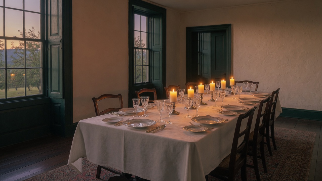 A long table set for dinner with candles, in a room with tall windows at dusk.