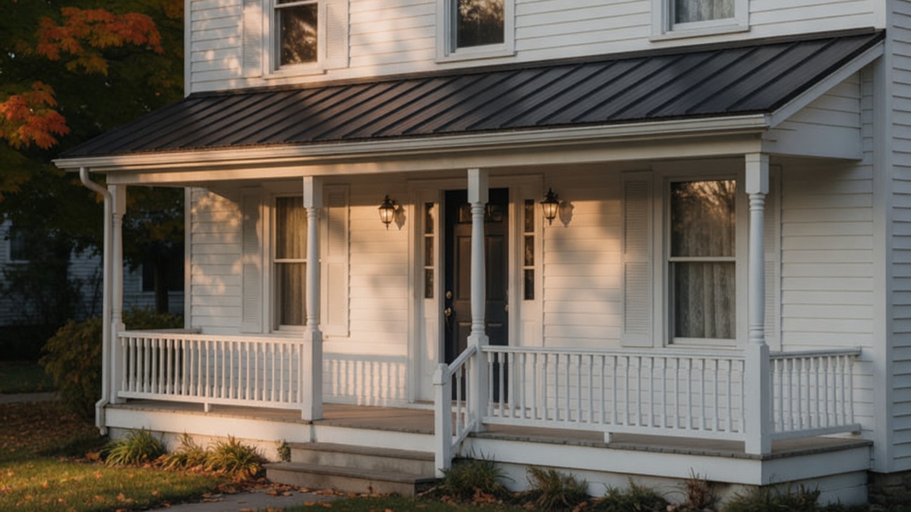 The front porch of the same house, white railings and a metal porch roof.